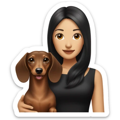 Long-haired dachshund with black-haired Asian girl wearing black dress sticker