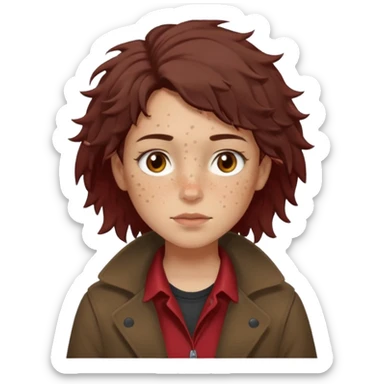 Hobo tomboy with light skin, freckles, dark brown shoulder-length hair in a messy style, brown eyes, dark brown coat, dull red shirt. sticker