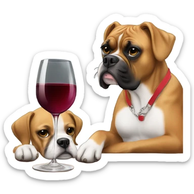 boxer dog drinking wine next to young blonde girl sticker