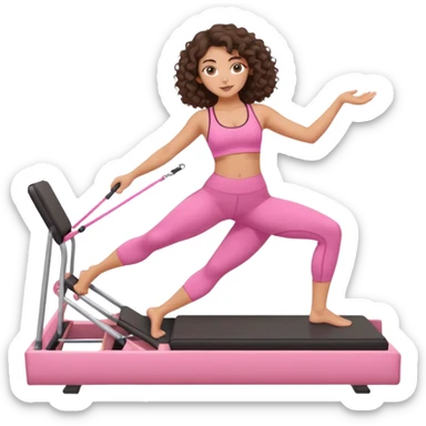 brunette,curly hair shoulder lenght,turkish,beautiful,with some eyelined eyes, 3b girl doing reformer pilates with pink pilates cutesy set,on reformer machine,making different moves. sticker