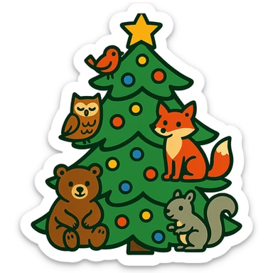 pine tree decorated with woodland critters in vibrant-toon style sticker