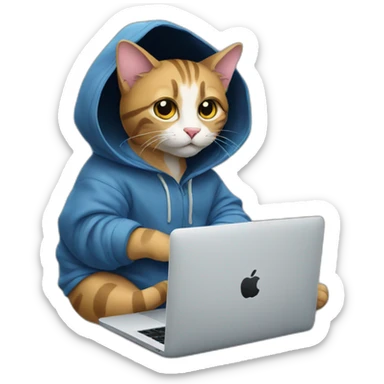 cat with hoodie and a macbook sticker