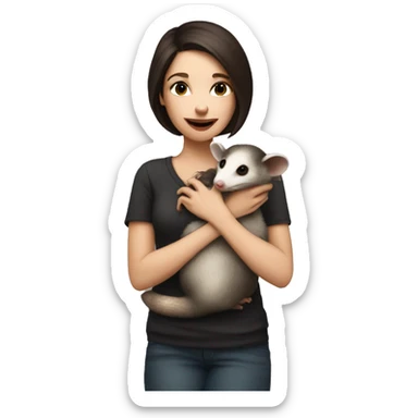 White woman dark brown hair holding and kissing opossum sticker