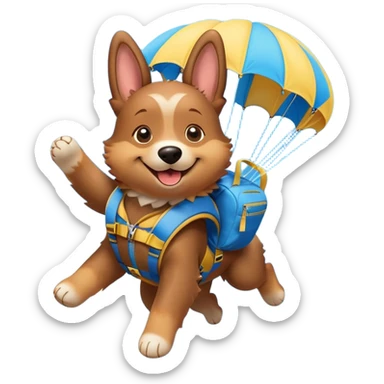 A cheerful cartoon dog wearing a parachute pack, mid-air with a parachute open above, smiling with ears flapping in the wind, surrounded by fluffy clouds and a bright blue sky. sticker