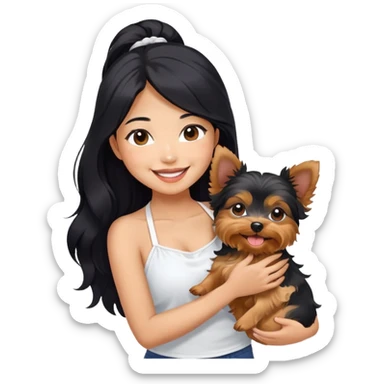 Pretty Asian girl with long, luscious wavy black hair, wearing a cute sleeveless white halter top, smiling warmly while carrying a Yorkshire Terrier in her arms sticker