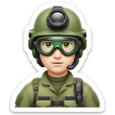 white-skinned male modern soldier in green upgraded equipment, ultra-modern helmet with night vision goggles, mask, cool and brutal, emoji style sticker