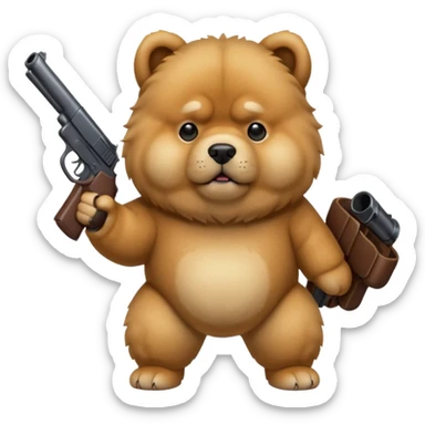 Funny realistic-style chow chow dog with light fur standing on its hind legs and holding a gun menacingly sticker