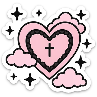pastel goth heart with pastel clouds and black stars, soft pink and black, cute gothic style sticker