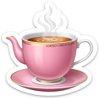 An emoji of a steaming hot cup of tea. The cup should be pink, the tea should be breakfast tea colours and the background should be transparent sticker