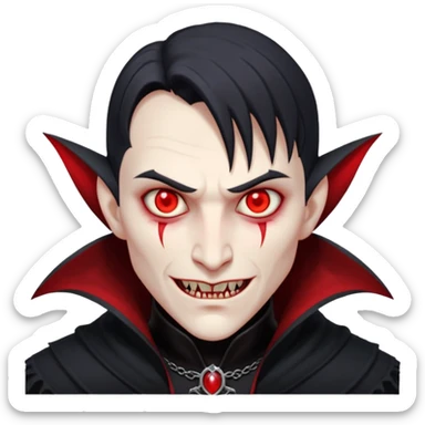 vampire village folk portrait, head and shoulders only, dark cloak collar, sharp fangs, red glowing eyes, gothic vibe, 3D cartoon, mobile game icon style, clean background, no text, no watermark

 sticker