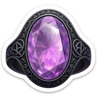 A Obsidian ring, With a glowing Rhodonite crystal in the center, with intricate pagan runes carved into the sides that glow purple sticker