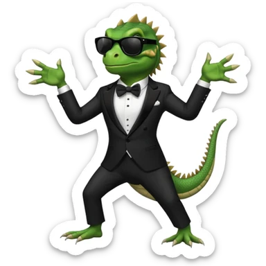 capitalist iguana in tuxedo and black sunglasses dancing sticker