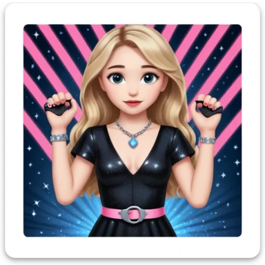 Sabrina carpenter at concert wearing a black sparkly dress with a silver sparkle v neck she is holding up pink handcuffs towards audience and kneeling, blue and red lights setting  sticker