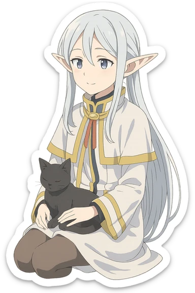 Frieren from Frieren: Beyond Journey's End, sitting with a black cat on her lap, anime style, soft colors sticker