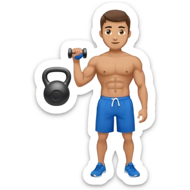 fit man with blue shorts holding kettlebell sticker