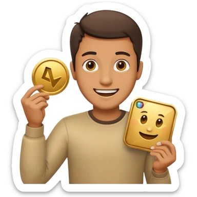 a happy man holding youtube golden play button sticker