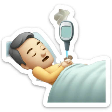 sick man lying on the bed, fever, thermometer with high temperature sticker