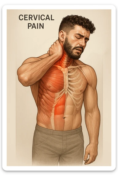 Uomo con dolore per infortunio vista anatomica in piedi con dolori cervicali sticker