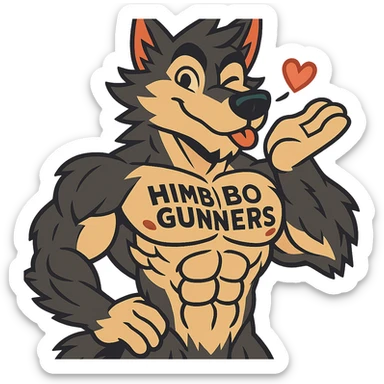 extremely muscular wolf furry, shirtless, with 'Himbo Gunners' tattoo on his chest, blowing a kiss and winking, charming and playful, hyper-detailed muscles and fur, ultra high quality sticker