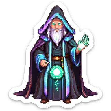 powerful wizard coding on a glowing magical keyboard, no laptop, mystical aura surrounding him, confident expression, looks like the ultimate boss of coding, wearing impressive dark robe sticker