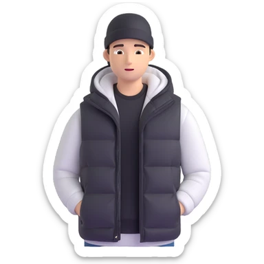 A guy in a hat, black hoodie, and a puffer vest sticker