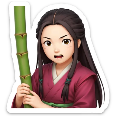 Nezuko with determined expression actively biting on bamboo piece in her mouth, teeth gripping the bamboo sticker