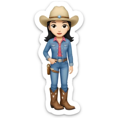 Black hair girl, denim, white cowgirl hat, cowgirl boots. sticker