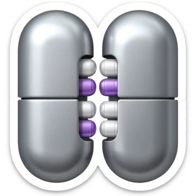 capsule pill emoji, metallic silver halves, smooth glossy finish, futuristic pharmaceutical 3D icon, isolated on white sticker