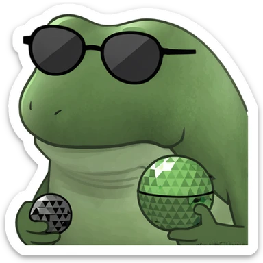 bufo with triangle shaped 8 bit sunglasses full black, confident smile, with a mini black powerful orb in his hand sticker