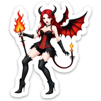 Female devil. Long red black hair. Black red corest with black thigh split, stiletto boots, black wings, black horns, fire in hands sticker