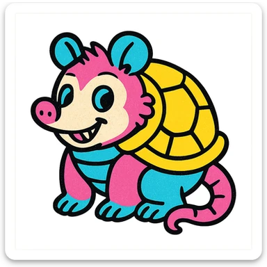 cute cartoon possum dressed up like a turtle, sticker style, transparent background sticker