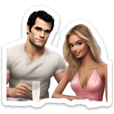 realistic photo of Henry Cavill with a beautiful  victoria secret model on a romantic sushi date sticker