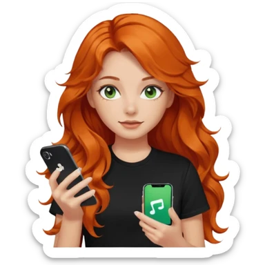 Girl with dark long orange wavy hair, green eyes, and black t-shirt and phone with tiktok app on hands sticker