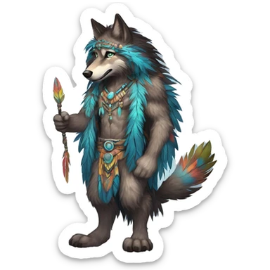 Anthro Fluffy Colorful Shy Spiritual Shamanic WereWolf-sona With Shiny Tribal Markings wearing feathers Full Body Detailed High Quality sticker