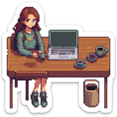 girl at desk with MacBook, coffee cup nearby, cozy atmosphere, pixel art style sticker