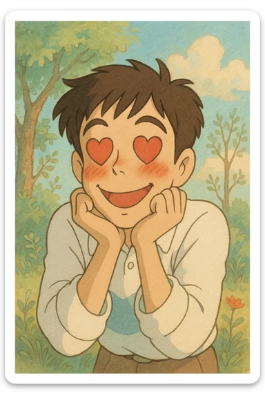 cartoon man with heart eyes, blushing with love, ghibli style sticker