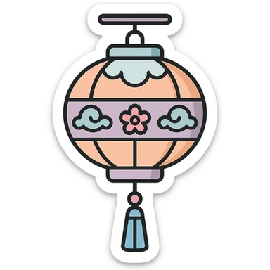 elegant Chinese lantern with tassel and decorative elements, detailed shadow, thin clean outlines, soft rounded shapes, pastel palette #98B5BC, #B5B3C1, #C9A3C9, #E4C0CA, #F7DCD1, #F7C0AA, modern Japanese pop-art and sticker aesthetic, high detail, vector clarity, soft lighting, transparent background sticker