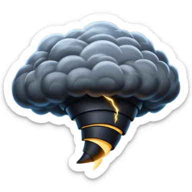 A Discord emoji of a dark, stylized tornado with lightning bolts inside a black circular frame. High contrast, aggressive lines, white background. sticker