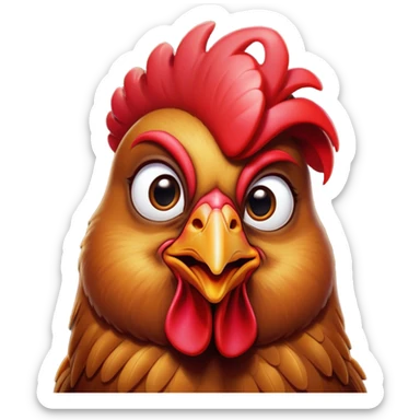 Cinematic Comical Brown Chicken Portrait Emoji, Head tilted dramatically with an exaggeratedly amused expression, featuring a striking, glossy brown plumage with a vibrant red comb, wide, expressive beady eyes filled with playful disbelief, Simplified yet hilariously expressive features, highly detailed, glowing with a slightly sassy glow, high shine, dramatic yet playful, stylized with an air of cheeky mischief, bright and endearing, soft glowing outline, capturing the essence of a spirited and over-the-top chicken, so meme-worthy it feels like it could cluck its way into internet fame instantly! sticker