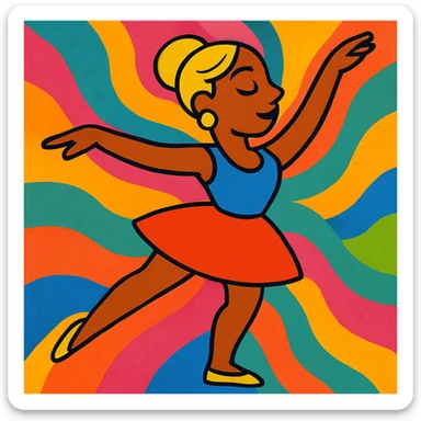 Add a vibrant, colorful background behind Dana Dawson in a dance pose, keep the original vibrant toon style sticker