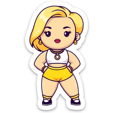 Full body white teenage girl with blonde hair, heavy makeup, big lips, crop top, gold jewelry and flashy choni style outfit sticker