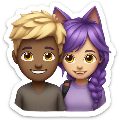 Smiling girl with purple hair and smiling boy with cat ears sticker