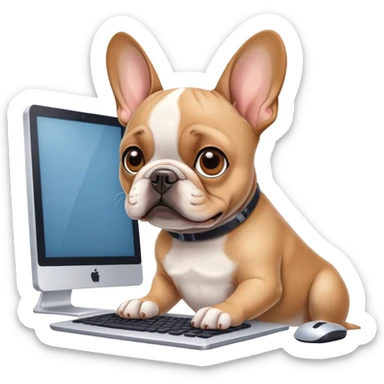 Fawn frenchie working behind computer sticker