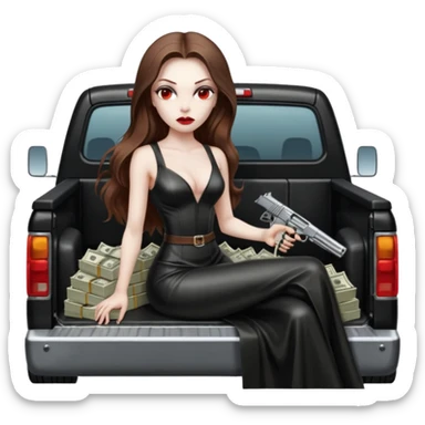 Lilith symbol red eye seductress evil long brown haired sexy succubus woman with leather long dress with slit on, sitting in Big Large F350 pickup truck. Back seat full of stacks of cash, she is  Holding a human skull of her enemies and a gun in other hand sticker