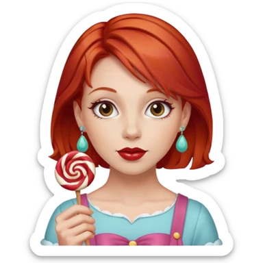 red hair woman with sweet treat accessories, not holding a candy sticker