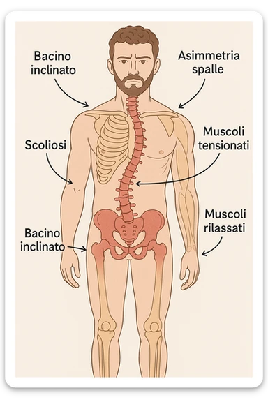 Uomo con problemi di asimmetrie e bacino inclinato, visione anatomica in italiano sticker