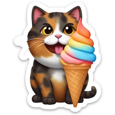 Cute fat tortoiseshell cat eating ice cream sticker