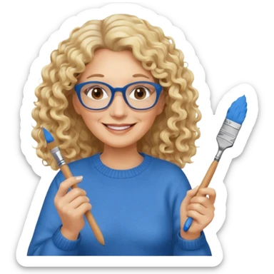 FEMME FRISÉ 60 ANS CHEVEUX BLON FRISÉ LONG SOURIANTE AVEC CHANDAIL BLEU,  YEUX BRUN ET UN PINCEAU À LA MAIN LA MAIN AVEC 5 DOIGT SEULEMENT ET LUNETTE sticker