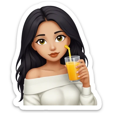 Latina girl with dark long hair and dark eyes and olive skin wearing white off shoulder sweater with juice sticker