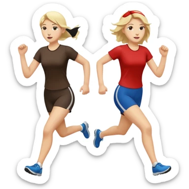 2 white women running holding hands one blonde one dark haired same direction sticker
